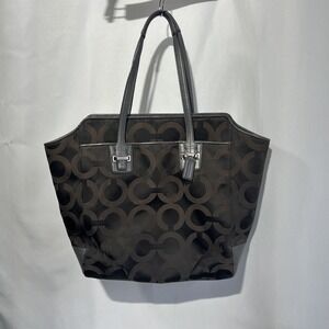 Coach OpArt Signature Brown Silver Canvas Leather Tote Handbag  G1382 F26031